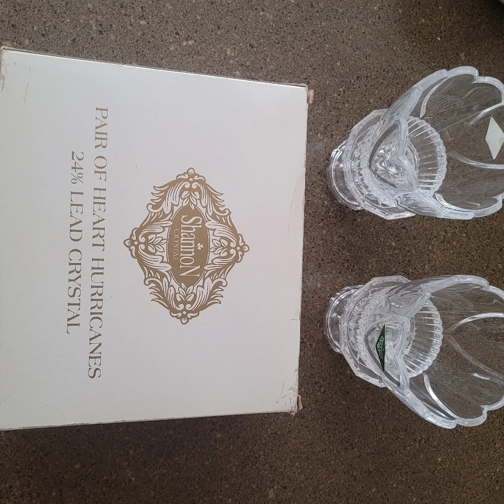 Shannon Crystal Pair of Heart Hurricane 24% Lead Crystal Candle Holders with Box